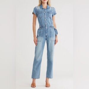 Habitual Short Sleeve Belted Denim Jumpsuit in Pacific